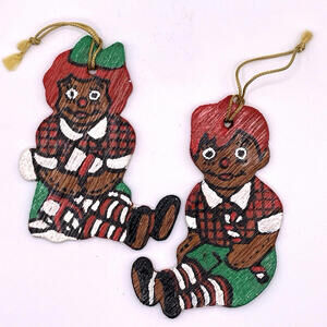 Vintage Raggedy Ann and Andy Hand Painted Wooden Flat Christmas Ornaments